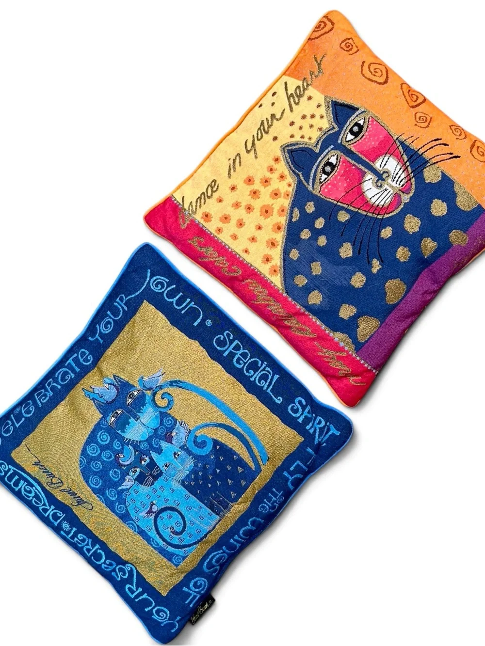 Laurel Burch Tapestry Cat Pillows Set of 2 Blue Gold Pink 17”x17”